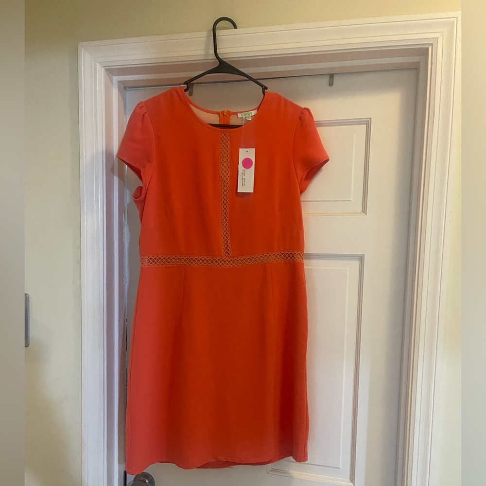 Bright Coral Colored Short-Sleeve Mini Dress with Lattice Trim